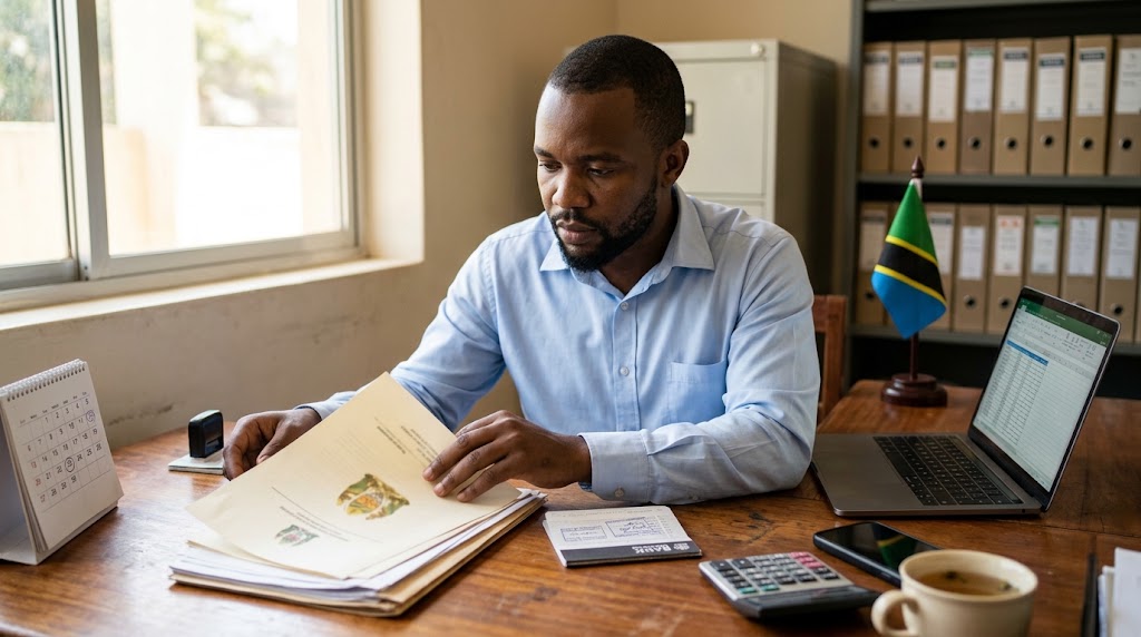 Tanzanian small business owner reviewing compliance paperwork and a certificate of incorporation at a desk