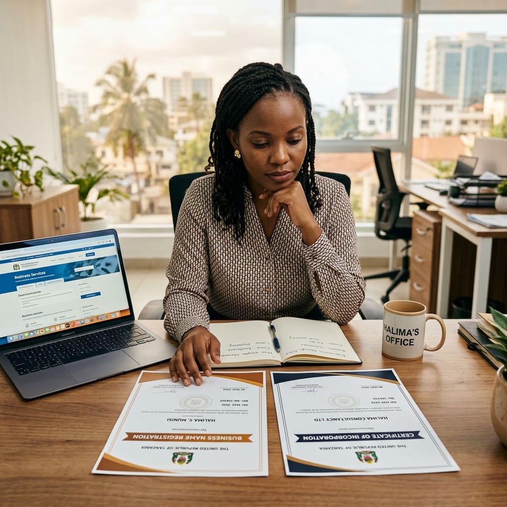 Tanzanian entrepreneur at a desk weighing two registration certificates, one for a business name and one for a limited company