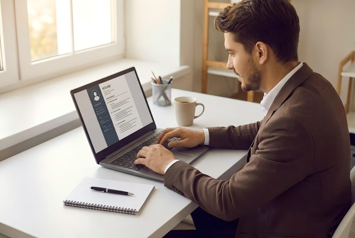 Professional typing a resume on a laptop at a bright home desk