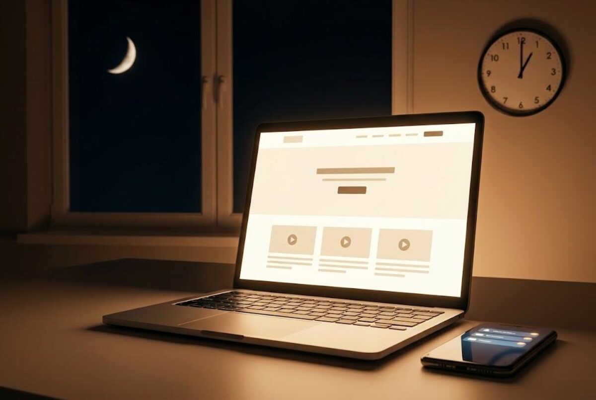 Laptop glowing at night showing a website, with a phone lighting up beside it, a clock and moon visible through the window