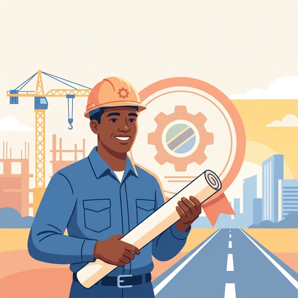 Tanzanian engineer holding rolled architectural plans at a construction site with a crane and city skyline