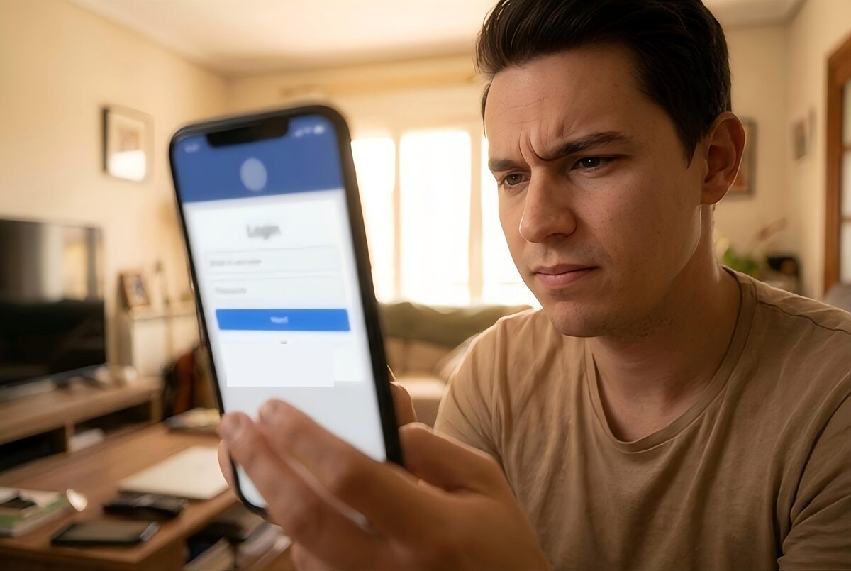 Person looking at a phone with a puzzled expression during an account login and verification screen