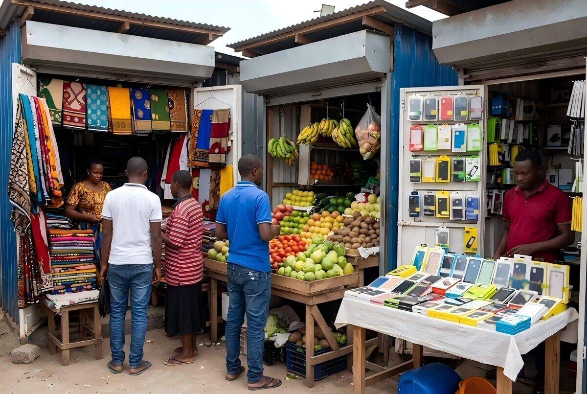 Small vendor stalls side by side in a busy Dar es Salaam market, each a micro business of its own