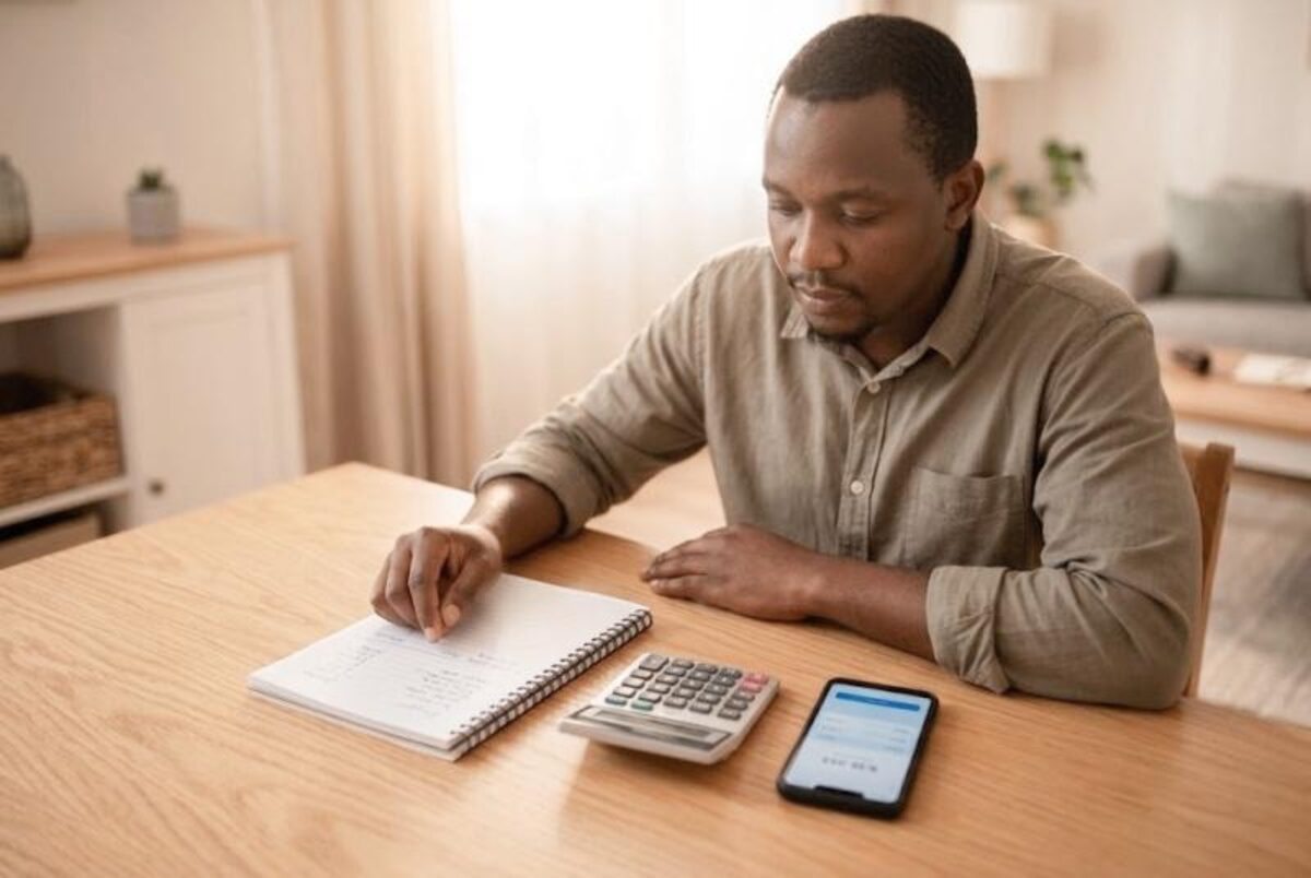 Person reviewing a budget notebook, calculator, and phone at a home table