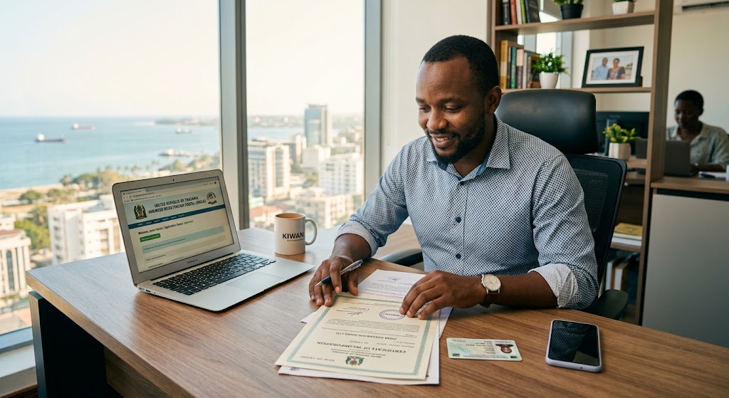 Tanzanian entrepreneur reviewing business registration documents on a laptop in a Dar es Salaam office