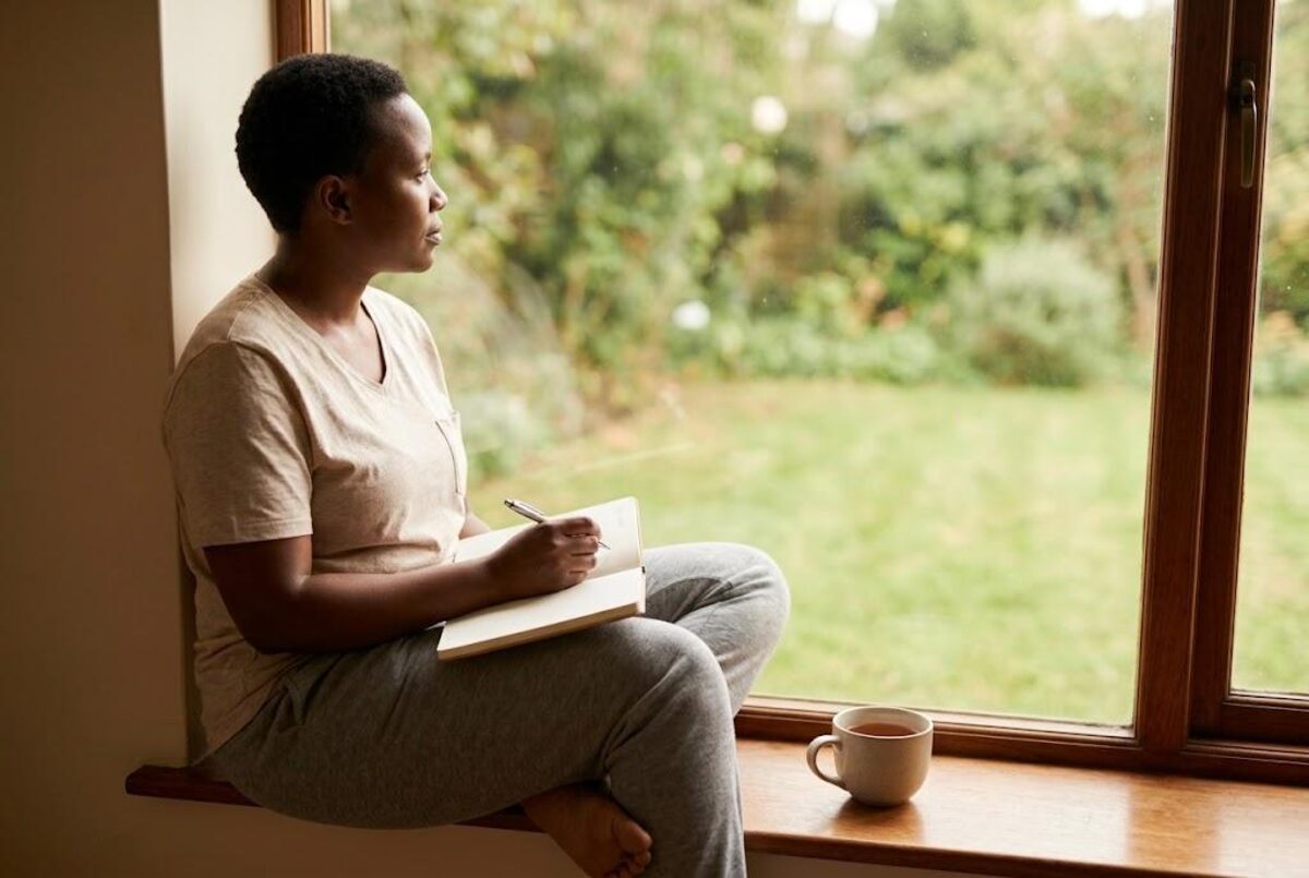 Person journaling quietly by a window in the early morning
