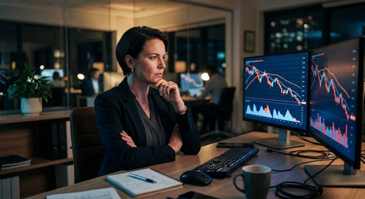 Analyst reviewing declining performance charts on dual monitors at night