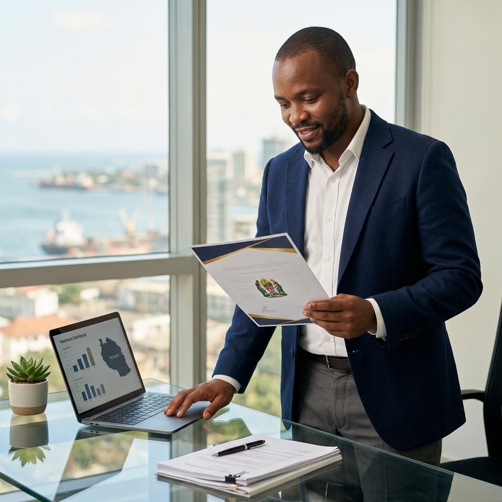 Tanzanian investor reviewing a TIC certificate of incentives alongside investment documents and a laptop