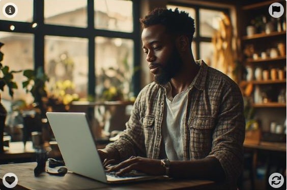 Small business owner smiling while looking at their new business website on a laptop in a cafe